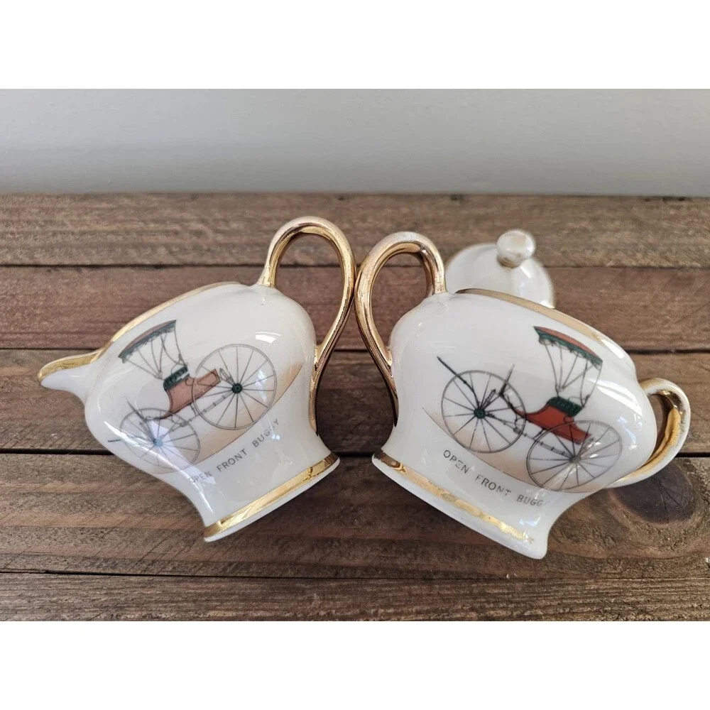 Small Vintage Kingwood China Creamer And Sugar Carriage Wagon Stagecoach Design